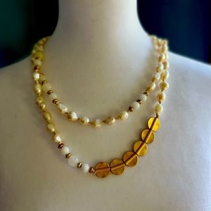 Beaded asymmetrical necklace - pearl/metal . Can be worn two ways